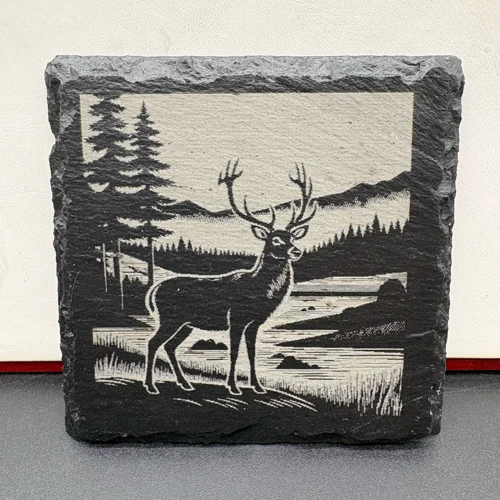 Rustic Deer Slate Coasters‎ - Black and Gray (Set of 4) Laser Engraved Coated
